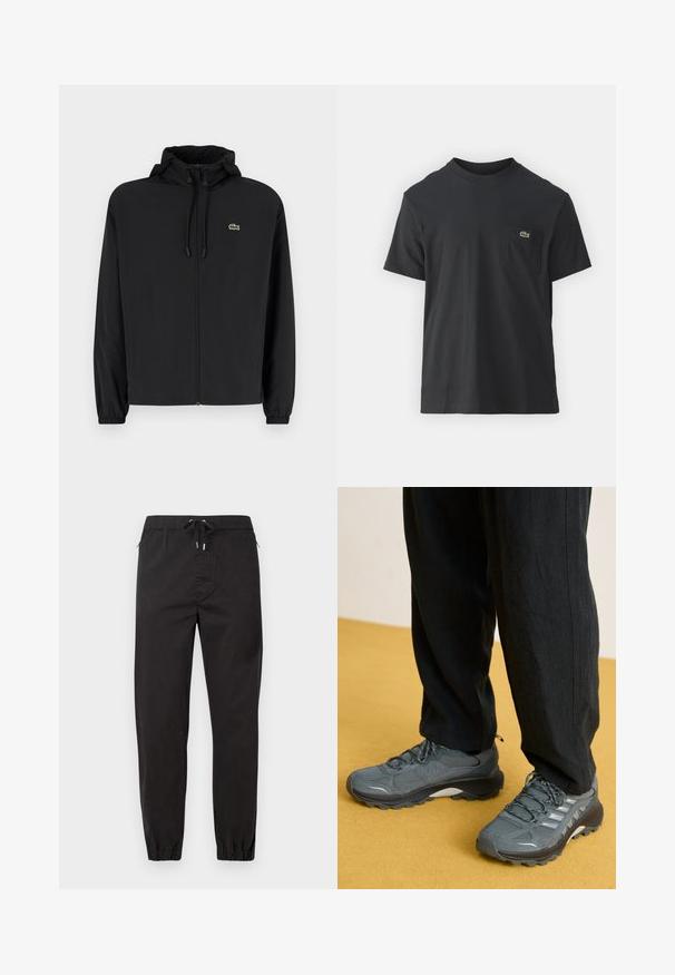 Czarna kurtka zapinana na zamek z kapturem, wykonana z lekkiego materiału. Posiada elastyczne mankiety oraz małe zielone logo na lewej piersi.; Czarna bawełniana koszulka z krótkim rękawem, okrągłym dekoltem i małym zielonym logo na lewej kieszeni piersiowej. Prosty design, regularny krój.; Czarne, zwężane spodnie z lekkiego materiału. Posiadają elastyczny pasek w talii z sznurkiem, boczne kieszenie oraz elastyczne mankiety na kostkach.; Szare siatkowe i syntetyczne buty sportowe z wyraźnym bieżnikiem, odblaskowymi akcentami i sznurowanym zapięciem, w połączeniu z luźnymi czarnymi spodniami.
