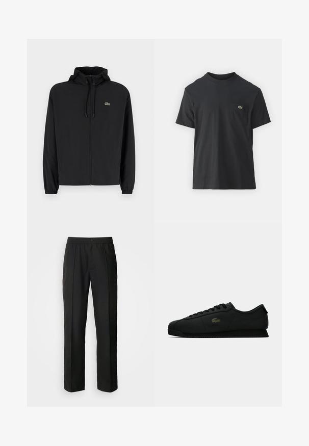 Sort zip-jakke med hætte, lavet af letvægtsmateriale. Har elastiske manchetter og et lille grønt logo på venstre bryst.; Sort bomulds t-shirt med korte ærmer, rund halsudskæring og et lille grønt logo på venstre brystlomme. Enkel design, normal pasform.; Sorte bukser med lige ben, fremstillet af glat stof. Har en elastisk talje og en knaplukning.; Sort lav-top sneakers med snørebånd og subtilt krokodillelogo på siden, vist mod en hvid baggrund.