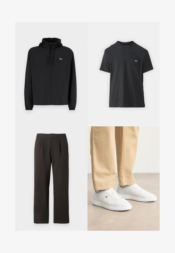 Black zip-up jacket with a hood, made of lightweight material. Features elastic cuffs and a small green logo on the left chest.; Black cotton t-shirt with short sleeves, round neckline, and a small green logo on the left chest pocket. Simple design, regular fit.; Dark brown, straight-leg trousers with a flat front, two pleats, and a button closure. Made of smooth fabric with a slight texture.; White leather sneakers with a smooth finish, featuring round toe, lace-up design, and subtle logo detail on the side, paired with beige pants.