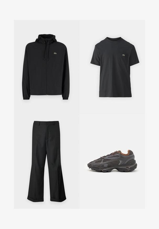 Črna jakna na zadrgo s kapuco, izdelana iz lahkega materiala. Ima elastične manšete in majhen zeleni logotip na levem prsnem delu.; Črna bombažna majica s kratkimi rokavi, okroglo ovratnikom in majhnim zelenim logotipom na levem žepu. Preprost dizajn, redna prileganje.; Črne široke hlače z gumbasto pasom in manšetami, prikazane na enostavni beli podlagi.; Lacoste teniske v temno sivi barvi z mrežasto in sintetično prevleko, s teksturiranim podplatom in rjavimi detajli na ovratniku ter blagovni znamki.