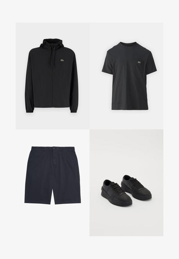 Veste noire à fermeture éclair avec capuche, fabriquée en matériau léger. Présente des poignets élastiques et un petit logo vert sur la poitrine gauche.; T-shirt en coton noir à manches courtes, col rond, avec un petit logo vert sur la poche gauche de la poitrine. Design simple, coupe regular.; Shorts décontractés pour hommes de couleur bleu marine, avec fermeture à bouton, passants pour ceinture et poches latérales, posés à plat sur un fond blanc.; Baskets noires en cuir lisse avec une semelle rembourrée. Les caractéristiques comprennent des lacets plats, des perforations sur la pointe et une silhouette élégante.