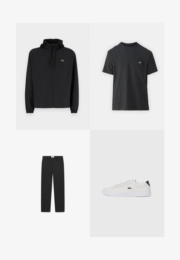 Μαύρο μπουφάν με φερμουάρ και κουκούλα, κατασκευασμένο από ελαφρύ υλικό. Διαθέτει ελαστικούς καρπούς και ένα μικρό πράσινο λογότυπο στο αριστερό στήθος.; Μαύρο βαμβακερό t-shirt με κοντά μανίκια, στρογγυλή λαιμόκοψη και μικρό πράσινο λογότυπο στην αριστερή τσέπη του στήθους. Απλός σχεδιασμός, κανονική εφαρμογή.; Μαύρο παντελόνι με ίσια γραμμή, κατασκευασμένο από ύφασμα με λεία υφή, διαθέτοντας δύο μπροστινές τσέπες και κανονική μέση.; Λευκό δερμάτινο sneakers με στρογγυλή μύτη, κορδόνια μπροστά και μαύρη λεπτομέρεια στη φτέρνα. Διαθέτει ένα μικρό κεντημένο λογότυπο κροκοδείλου στο πλάι.