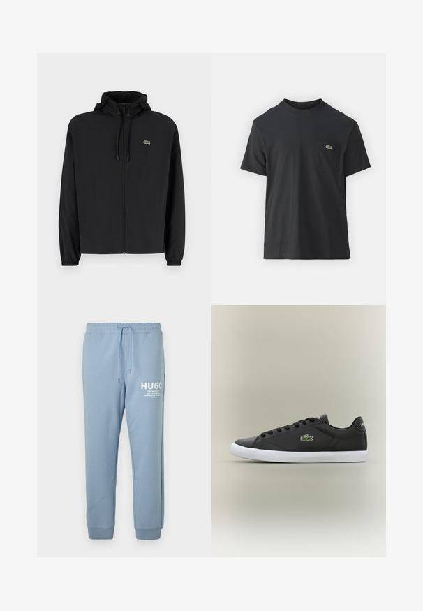 Črna jakna na zadrgo s kapuco, izdelana iz lahkega materiala. Ima elastične manšete in majhen zeleni logotip na levem prsnem delu.; Črna bombažna majica s kratkimi rokavi, okroglo ovratnikom in majhnim zelenim logotipom na levem žepu. Preprost dizajn, redna prileganje.; Svetlo modre trenirke iz mehkega materiala, z elastičnim pasom in vrvico ter belim logotipom, ki je natisnjen na levem stegnu.; Črne usnjene superge z belo gumijasto podplatom, z zelenim krokodiljim logotipom in okroglimi vezalkami, elegantna zasnova z gladko teksturo.