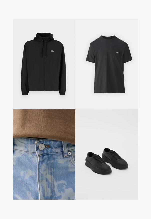 Crna jakna na zip s kapuljačom, izrađena od laganog materijala. Ima elastične manžete i mali zeleni logotip na lijevoj strani prsnog koša.; Crna pamučna majica s kratkim rukavima, okruglim izrezom i malim zelenim logotipom na lijevoj strani džepa. Jednostavan dizajn, regularni kroj.; Svijetloplave traperice imaju suptilan uzorak, zatvaranje na gumbe i kontrastne šavove. Braon pleteni pulover djelomično je vidljiv iznad.; Crne tenisice od glatke kože s gumom za amortizaciju. Značajke uključuju ravne vezice, perforacije na prstima i elegantnu siluetu.