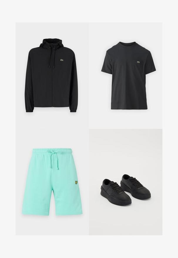 Svart zip-up jakke med hette, laget av lett materiale. Har elastiske mansjetter og en liten grønn logo på venstre bryst.; Svart bomull t-skjorte med korte ermer, rund hals og en liten grønn logo på venstre brystlomme. Enkelt design, normal passform.; Lyse mintgrønne bomullsshorts med elastisk midje og justerbar snor, med en liten svart og gul logo foran.; Sorte sneakers laget av glatt lær med en polstret såle. Funksjoner inkluderer flate snøringer, perforeringer på tåpartiet, og en elegant silhuett.