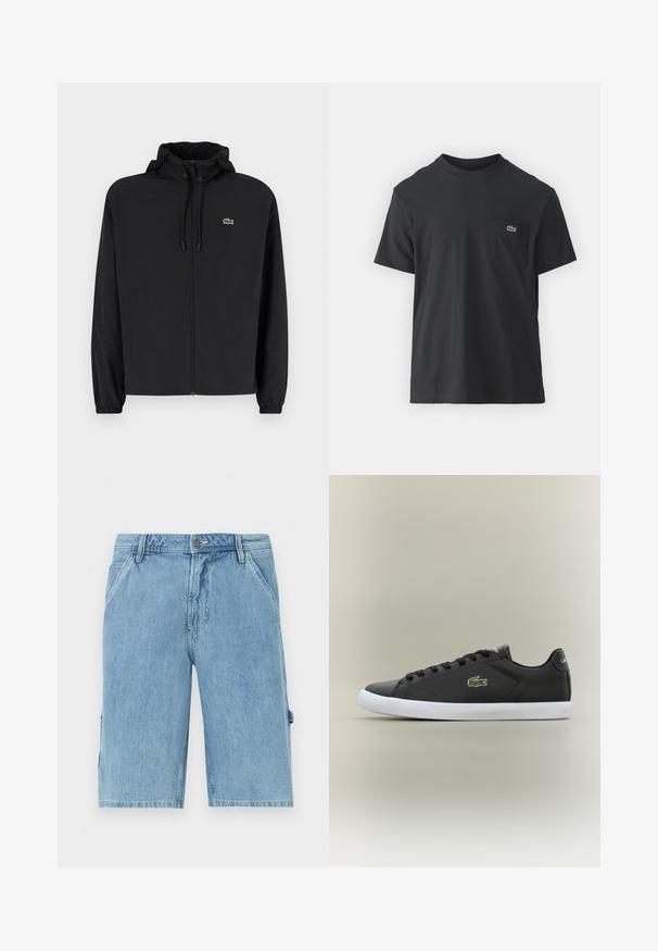 Crna jakna na zip s kapuljačom, izrađena od laganog materijala. Ima elastične manžete i mali zeleni logotip na lijevoj strani prsnog koša.; Crna pamučna majica s kratkim rukavima, okruglim izrezom i malim zelenim logotipom na lijevoj strani džepa. Jednostavan dizajn, regularni kroj.; Svijetloplave traper kratke hlače ravnog kroja, s prednjim džepovima i bočnim cargo džepom, prikazujući izblijedjelu teksturu i petlje za remen na struku.; Crne kožne tenisice s bijelim gumenim potplatom, s zelenim krokodilom kao logotipom i okruglim vezicama, elegantnog dizajna s glatkom teksturom.