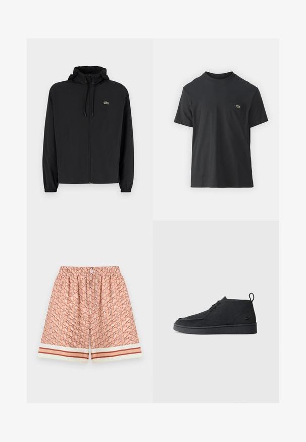 Μαύρο μπουφάν με φερμουάρ και κουκούλα, κατασκευασμένο από ελαφρύ υλικό. Διαθέτει ελαστικούς καρπούς και ένα μικρό πράσινο λογότυπο στο αριστερό στήθος.; Μαύρο βαμβακερό t-shirt με κοντά μανίκια, στρογγυλή λαιμόκοψη και μικρό πράσινο λογότυπο στην αριστερή τσέπη του στήθους. Απλός σχεδιασμός, κανονική εφαρμογή.; Μαγιό με σχέδιο σε ροδακινί απόχρωση, διαθέτοντας γεωμετρικό σχέδιο σε όλη την επιφάνεια. Ελαστική μέση με κουμπί και λεπτομέρεια με ρίγες στο τελείωμα.; Μαύρη σουέτ μποτάκι ankle με κορδόνια, με θηλιά και υφασμένο πάτο, διαθέτοντας μικρό ανάγλυφο λογότυπο κροκόδειλου στο πλάι.