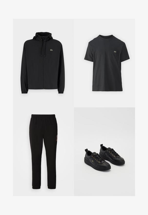 Melnas rāvējslēdzēja jakas ar kapuci, izgatavota no viegla materiāla. Ar elastīgām piedurknēm un mazu zaļu logo kreisajā krūtī.; Melnas kokvilnas T-krekls ar īsām piedurknēm, apaļu kakla izgriezumu un mazu zaļu logotipu kreisajā krūšu kabatē. Vienkāršs dizains, regulāra piegriezuma.; Melns sporta bikses ar elastīgu jostu un aprocēm. Uz labā augšstilba ir krāsains izšuvums. Mīksta auduma tekstūra.; Melnas ādas sporta apavi ar zeltītām acīm un auklām, teksturēta virsma, noapaļots purngals un bieza melna zole. Vienkāršs, mūsdienīgs dizains ar aizmugurē ievietotu cilpu.