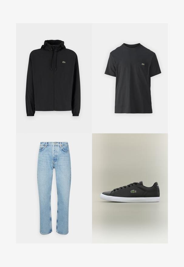 Casaco preto com fecho éclair e capuz, feito de material leve. Apresenta punhos elásticos e um pequeno logotipo verde no lado esquerdo do peito.; Camiseta de algodão preta com mangas curtas, decote redondo e um pequeno logo verde no bolso do peito esquerdo. Design simples, corte regular.; Jeans de denim azul claro com um corte reto, cintura alta, design de cinco bolsos e detalhes de costura visíveis nas costuras e bainhas.; Tênis de couro preto com sola de borracha branca, apresentando um logotipo de crocodilo verde e cadarços redondos, design elegante com textura suave.