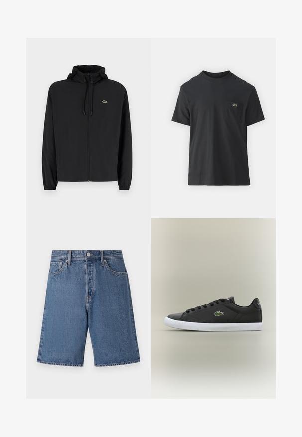 Czarna kurtka zapinana na zamek z kapturem, wykonana z lekkiego materiału. Posiada elastyczne mankiety oraz małe zielone logo na lewej piersi.; Czarna bawełniana koszulka z krótkim rękawem, okrągłym dekoltem i małym zielonym logo na lewej kieszeni piersiowej. Prosty design, regularny krój.; Jasnoniebieskie szorty dżinsowe o wygaszonej fakturze, pięć kieszeni, z zapięciem na guzik w talii.; Czarne skórzane sneakersy z białą gumową podeszwą, z zielonym logo krokodyla i okrągłymi sznurówkami, o smukłym designie i gładkiej fakturze.