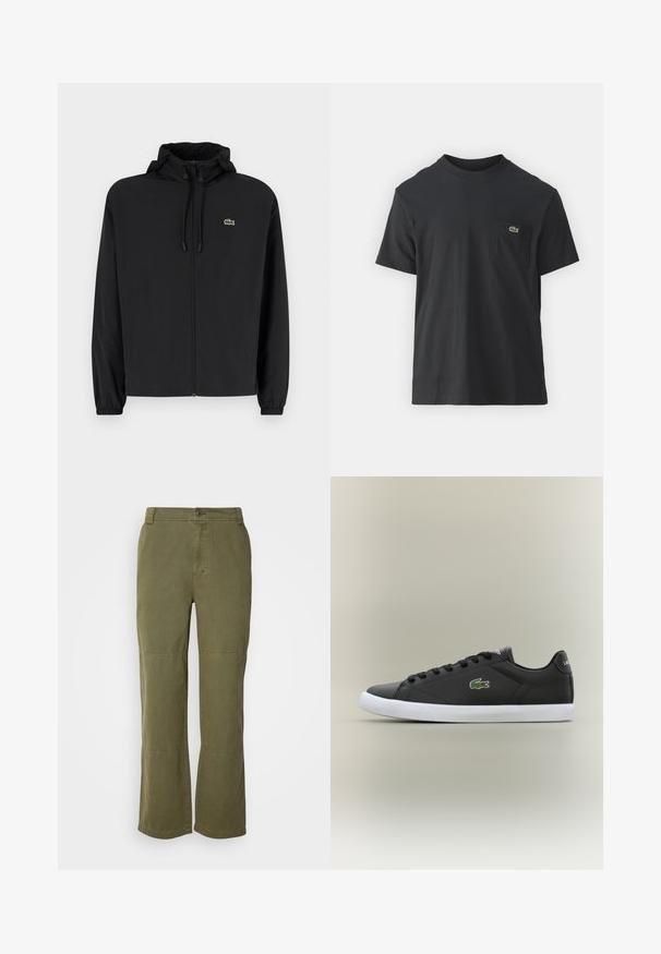 Casaco preto com fecho éclair e capuz, feito de material leve. Apresenta punhos elásticos e um pequeno logotipo verde no lado esquerdo do peito.; Camiseta de algodão preta com mangas curtas, decote redondo e um pequeno logo verde no bolso do peito esquerdo. Design simples, corte regular.; Calças de algodão verde-oliva com um design de perna reta, fecho de botão visível e costuras nos joelhos para um toque de detalhe e estrutura adicionais.; Tênis de couro preto com sola de borracha branca, apresentando um logotipo de crocodilo verde e cadarços redondos, design elegante com textura suave.