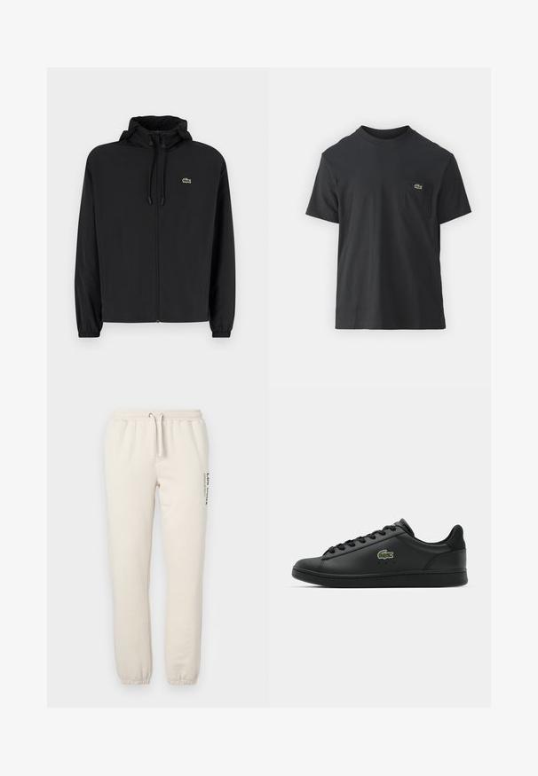 Casaco preto com fecho éclair e capuz, feito de material leve. Apresenta punhos elásticos e um pequeno logotipo verde no lado esquerdo do peito.; Camiseta de algodão preta com mangas curtas, decote redondo e um pequeno logo verde no bolso do peito esquerdo. Design simples, corte regular.; Calças de fato de treino bege feitas de algodão macio, com uma cintura elástica e cordão, punhos em ribana e um design impresso na lateral.; Sapatilha de couro preto com textura suave, bico redondo, atacadores tonais e um logotipo verde bordado na lateral. Sola de borracha com perfil baixo.