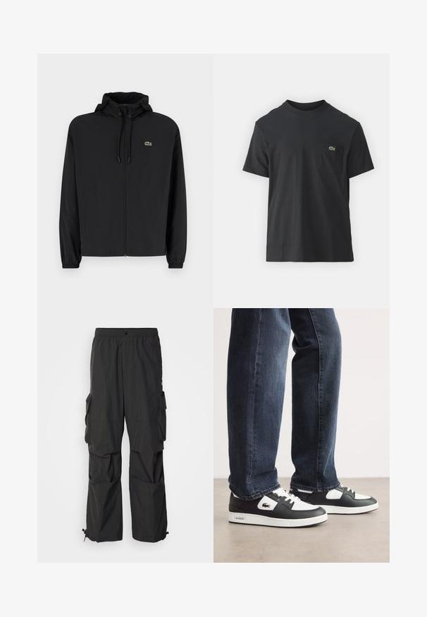 Melnas rāvējslēdzēja jakas ar kapuci, izgatavota no viegla materiāla. Ar elastīgām piedurknēm un mazu zaļu logo kreisajā krūtī.; Melnas kokvilnas T-krekls ar īsām piedurknēm, apaļu kakla izgriezumu un mazu zaļu logotipu kreisajā krūšu kabatē. Vienkāršs dizains, regulāra piegriezuma.; Melnas stila cargo bikses, kas izgatavotas no viegla materiāla, ar vairākiem sānu kabatām un regulējamiem piedurkņu galiem. Elastīgā josta nodrošina ērtību.; Melnbalti Lacoste sporta apavi ar teksturētu ādas augšdaļu, ar saistēm un baltu gumijas zoli. Nēsāti ar tumšām džinsām.