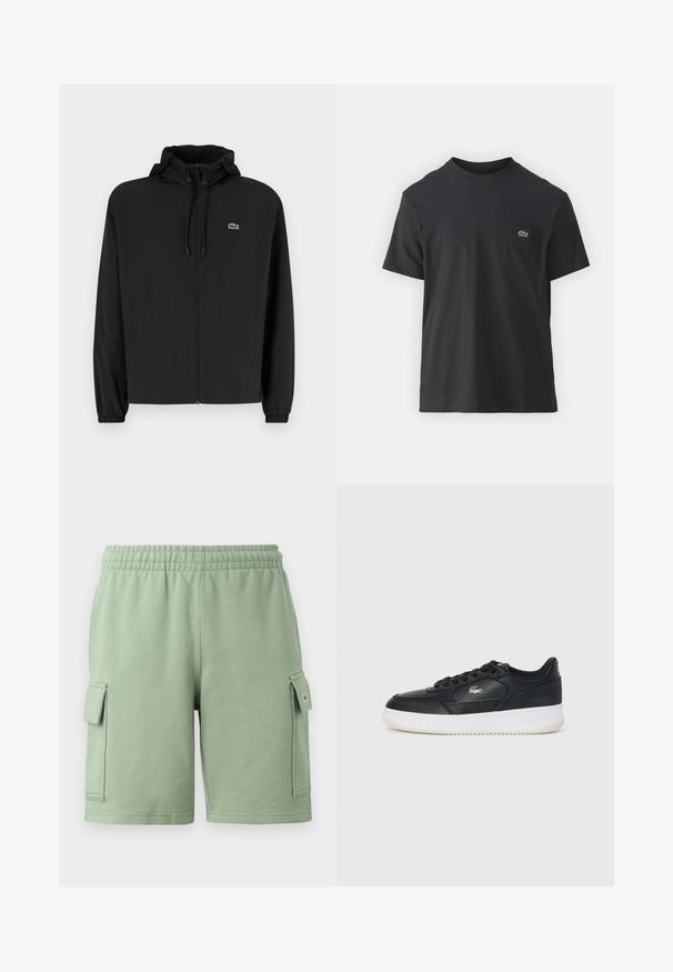 Černá zipová bunda s kapucí, vyrobená z lehkého materiálu. Má elastické manžety a malé zelené logo na levé hrudi.; Černé bavlněné tričko s krátkým rukávem, kulatým výstřihem a malým zeleným logem na levé kapse. Jednoduchý design, klasický střih.; Zelené bavlněné šortky s elastickým pasem, dvěmi bočními cargo kapsami a malým logem na levé kapse.; Černé kožené tenisky s bílou podrážkou, zaoblenou špičkou, šněrováním a jemným logem na boku. Texturovaný svršek.