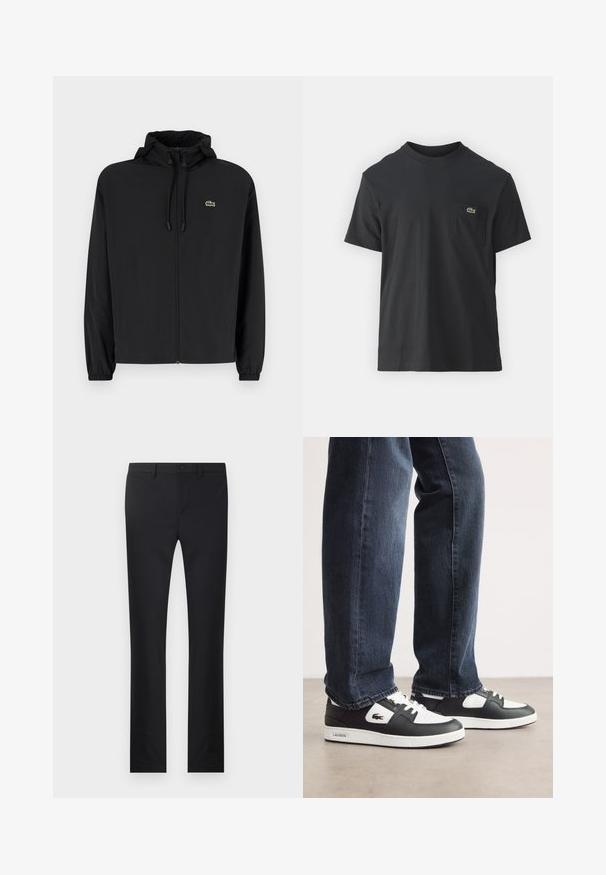 Casaco preto com fecho éclair e capuz, feito de material leve. Apresenta punhos elásticos e um pequeno logotipo verde no lado esquerdo do peito.; Camiseta de algodão preta com mangas curtas, decote redondo e um pequeno logo verde no bolso do peito esquerdo. Design simples, corte regular.; Calças pretas com um design de perna reta, confeccionadas em tecido liso. Possui bolsos frontais, fecho com botão e passantes para cinto.; Sneakers Lacoste em preto e branco com parte superior em couro texturizado, apresentando um design com atacadores e uma sola de borracha branca. Usadas com jeans escuros.