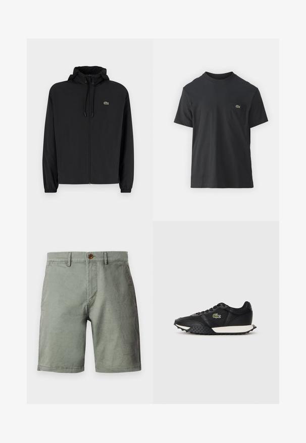 Svart zip-jacka med huva, tillverkad av lätt material. Har elastiska muddar och en liten grön logotyp på vänster bröst.; Svart bomullströja med korta ärmar, rund halsringning och en liten grön logotyp på vänster bröstficka. Enkelt mönster, vanlig passform.; Ljusgröna shorts gjorda av en bomullsblandning, med knappstängning fram, bälteshällor och en platt framtill-design. Släta i texturen och knä-långa.; Svarta sneakers med en slät läderfinish, utrustade med en texturerad gummisula, vit mellansula och en grön broderad logotyp på sidan.