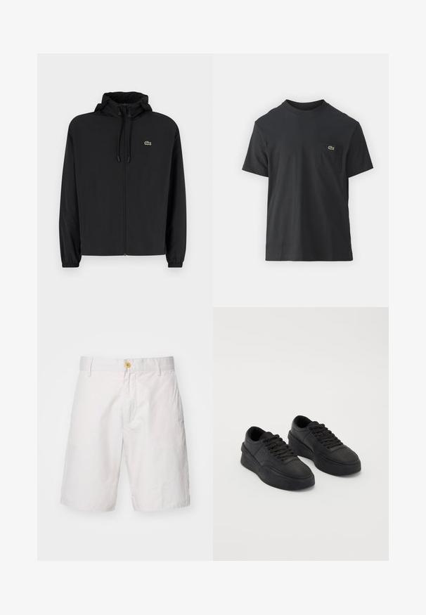Fekete, kapucnis, cipzáras dzseki, könnyű anyagból készült. Rugalmas mandzsettákkal és egy kis zöld logóval rendelkezik a bal mellrészen.; Fekete pamut póló rövid ujjakkal, kerek nyakú, bal oldalon egy kis zöld logóval a zseb fölött. Egyszerű dizájn, normál szabású.; Férfi fehér rövidnadrág könnyű anyagból. Gombos záródással, két oldalsó zsebbel és laza, egyenes fazonnal rendelkezik.; Simító bőr fekete sportcipők, párnázott talppal. Jellemzői közé tartozik a lapos fűző, a perforációk az orrán és az elegáns sziluett.