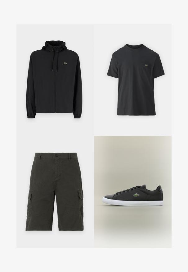 Black zip-up jacket with a hood, made of lightweight material. Features elastic cuffs and a small green logo on the left chest.; Black cotton t-shirt with short sleeves, round neckline, and a small green logo on the left chest pocket. Simple design, regular fit.; Dark green cargo shorts made of a lightweight fabric, featuring two side pockets and a button closure at the waist.; Black leather sneakers with white rubber sole, featuring a green crocodile logo and round laces, sleek design with smooth texture.