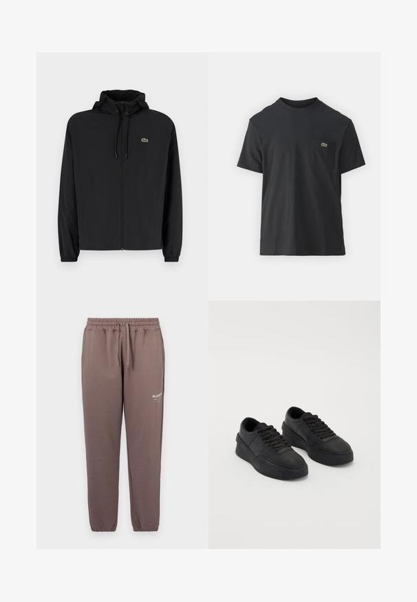 Schwarze Zip-Jacke mit Kapuze, aus leichtem Material hergestellt. Verfügt über elastische Bündchen und ein kleines grünes Logo auf der linken Brust.; Schwarz Baumwoll-T-Shirt mit kurzen Ärmeln, rundem Ausschnitt und einem kleinen grünen Logo auf der linken Brusttasche. Einfaches Design, reguläre Passform.; Braune Baumwoll-Jogginghosen mit einem elastischen Bund und Bündchen, mit einem kleinen weißen Logo, das am linken Bein aufgedruckt ist.; Schwarze Sneakers aus glattem Leder mit einer gepolsterten Sohle. Merkmale sind flache Schnürsenkel, Perforationen an der Zehenpartie und eine schlanke Silhouette.