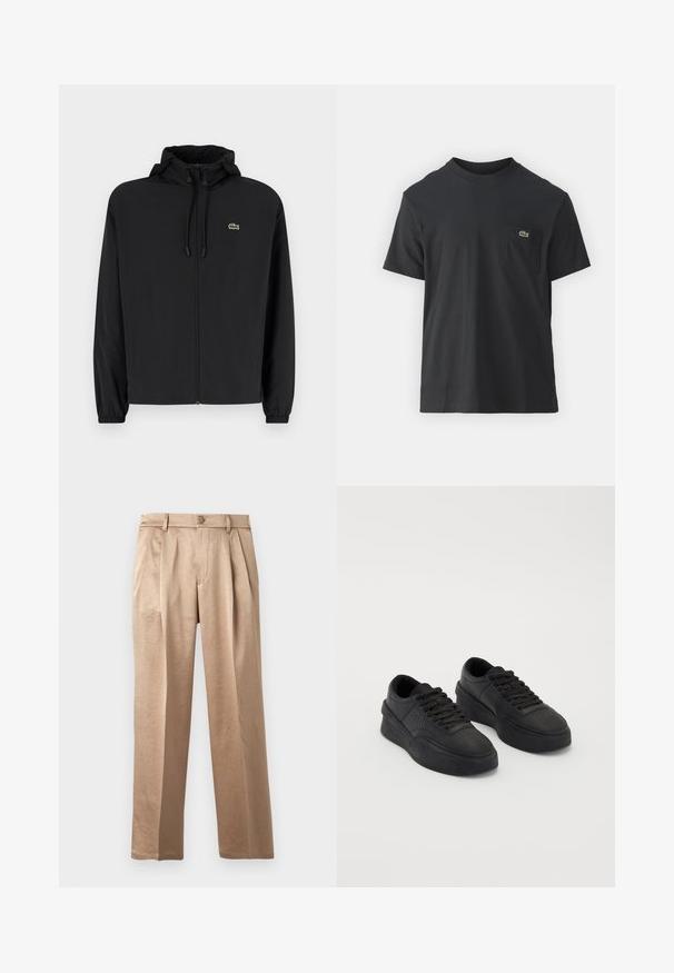 Czarna kurtka zapinana na zamek z kapturem, wykonana z lekkiego materiału. Posiada elastyczne mankiety oraz małe zielone logo na lewej piersi.; Czarna bawełniana koszulka z krótkim rękawem, okrągłym dekoltem i małym zielonym logo na lewej kieszeni piersiowej. Prosty design, regularny krój.; Beżowe spodnie o luźnym kroju z plisami, zapinane na guzik z szlufkami na pasek. Wykonane z lekkiego materiału, o gładkiej fakturze i prostych nogawkach.; Czarne sneakersy wykonane z gładkiej skóry z amortyzującą podeszwą. Wśród cech znajdują się płaskie sznurowadła, perforacje na nosku oraz smukła sylwetka.