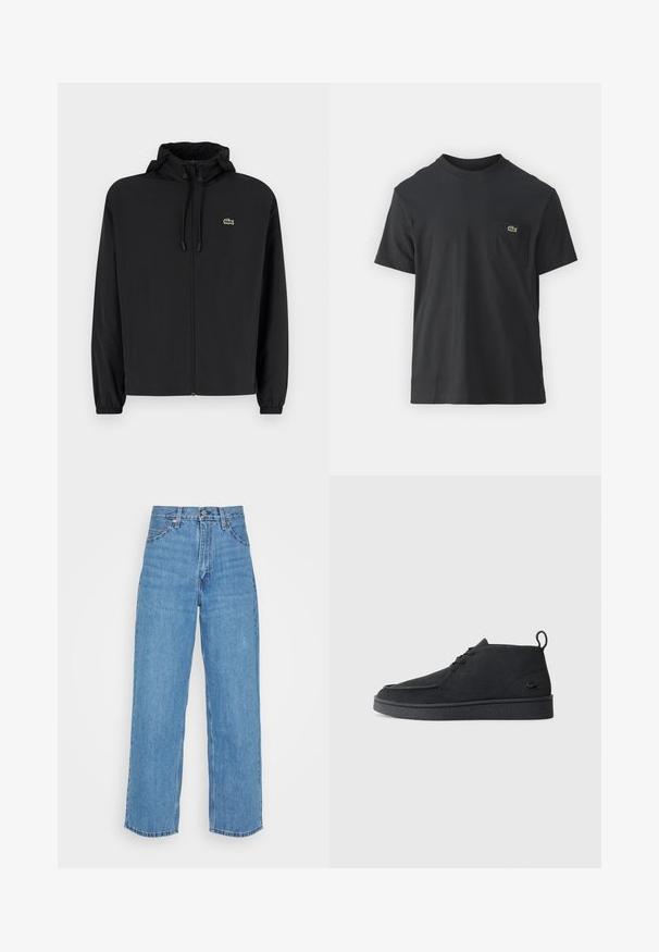 Svart zip-up jakke med hette, laget av lett materiale. Har elastiske mansjetter og en liten grønn logo på venstre bryst.; Svart bomull t-skjorte med korte ermer, rund hals og en liten grønn logo på venstre brystlomme. Enkelt design, normal passform.; Lys blå denimjeans med høy liv og vidde passform. Funksjoner inkluderer fem lommer, metallknapplukking og rett kant.; Svart semsket snøring ankelstøvel med drageløkke og teksturert såle, med en liten preget krokodillelogo på siden.