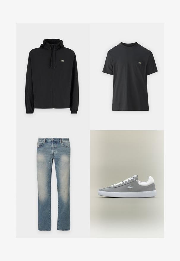 Juodas užtrauktukas striukė su gaubtu, pagaminta iš lengvos medžiagos. Savybės: elastiniai apykaklės ir mažas žalias logotipas kairėje krūtinės pusėje.; Juodas medvilninis marškinėliai trumpomis rankovėmis, apvaliu iškirpimu ir maža žalia logo kairėje krūtinės kišenėje. Paprastas dizainas, reguliaraus pjaustymo.; Šviesiai mėlynos spalvos tiesaus silueto džinsai iš džinso audinio su išblukusiomis vietomis, penkiomis kišenėmis ir sagos užsegimu. Audinys turi nežymių dėvėjimosi požymių ir šiek tiek pažeistą išvaizdą.; Pilkšvi zomšiniai sportbačiai su balta guma, raištelių uždaromas, su išsiuvinėtu logotipu šone. Minimalistinis dizainas su klasikinėmis formomis.