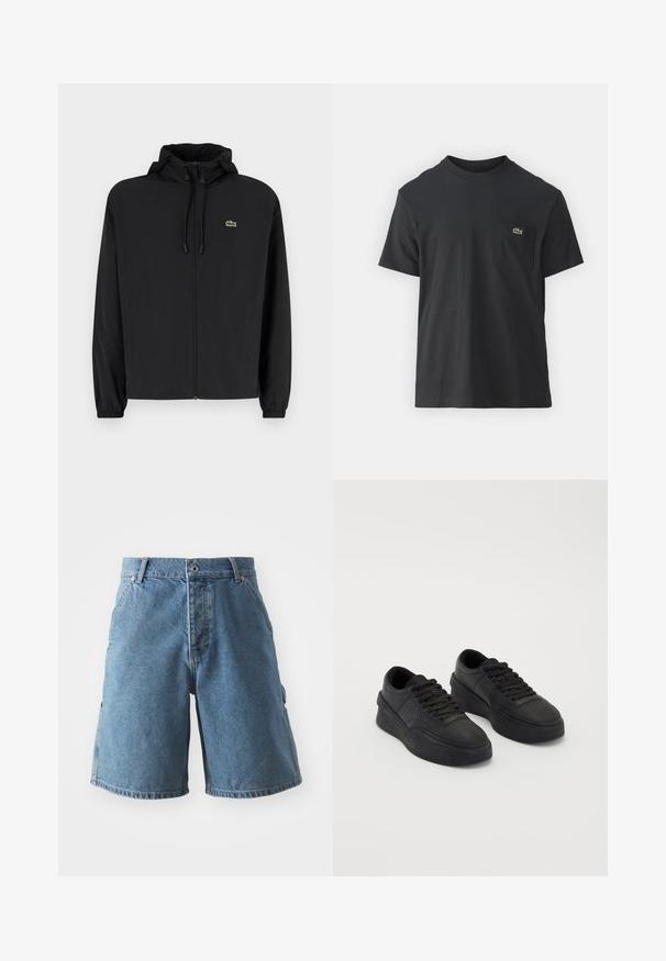 Svart zip-up jakke med hette, laget av lett materiale. Har elastiske mansjetter og en liten grønn logo på venstre bryst.; Svart bomull t-skjorte med korte ermer, rund hals og en liten grønn logo på venstre brystlomme. Enkelt design, normal passform.; Denimshorts i lys blå. Har et klassisk fem-lommers design, knappestengning og rett snitt. Stoffet ser mykt ut med lett falming.; Sorte sneakers laget av glatt lær med en polstret såle. Funksjoner inkluderer flate snøringer, perforeringer på tåpartiet, og en elegant silhuett.