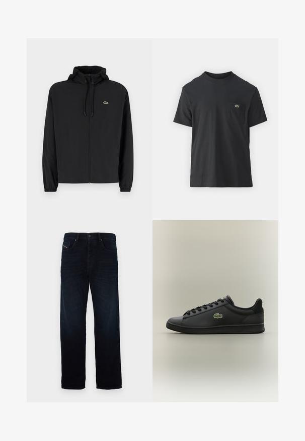 Crna jakna na zip s kapuljačom, izrađena od laganog materijala. Ima elastične manžete i mali zeleni logotip na lijevoj strani prsnog koša.; Crna pamučna majica s kratkim rukavima, okruglim izrezom i malim zelenim logotipom na lijevoj strani džepa. Jednostavan dizajn, regularni kroj.; Tamno plave traperice ravnog kroja, s prednjim džepom i zatvaranjem na gumb. Tkanina ima glatku teksturu i suptilan sjaj.; Crna niska kožna tenisica s crnim vezicama koja ima zeleni krokodilski logo sa strane, smještena na jednoličnoj neutralnoj pozadini.