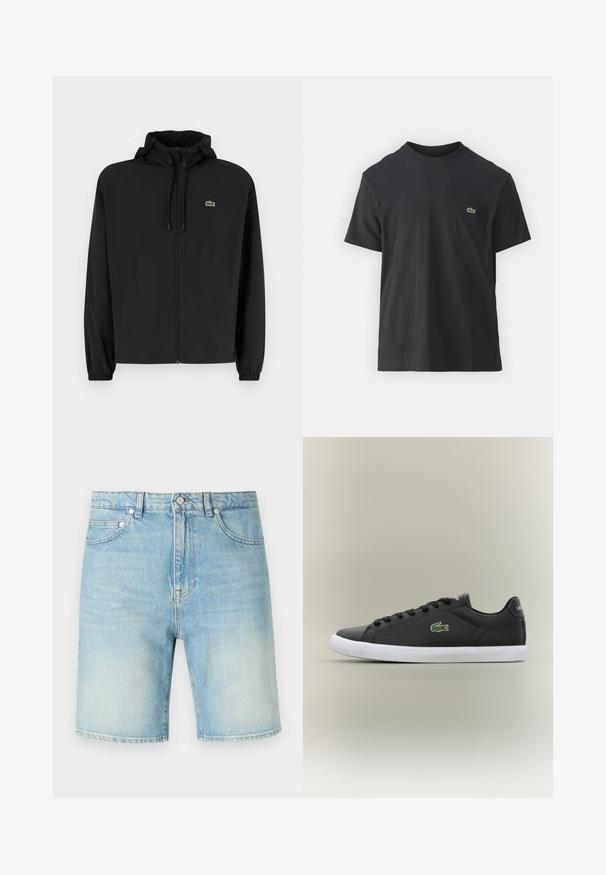 Black zip-up jacket with a hood, made of lightweight material. Features elastic cuffs and a small green logo on the left chest.; Black cotton t-shirt with short sleeves, round neckline, and a small green logo on the left chest pocket. Simple design, regular fit.; Light blue denim shorts with a classic five-pocket design, button closure, and slightly distressed texture on fabric.; Black leather sneakers with white rubber sole, featuring a green crocodile logo and round laces, sleek design with smooth texture.