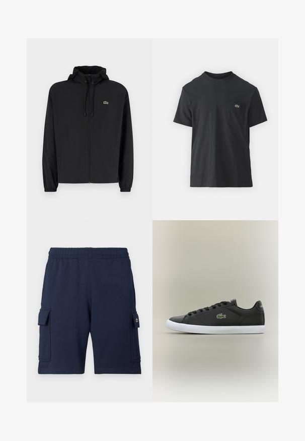 Fekete, kapucnis, cipzáras dzseki, könnyű anyagból készült. Rugalmas mandzsettákkal és egy kis zöld logóval rendelkezik a bal mellrészen.; Fekete pamut póló rövid ujjakkal, kerek nyakú, bal oldalon egy kis zöld logóval a zseb fölött. Egyszerű dizájn, normál szabású.; Tengerészkék rakodó rövidnadrág, puha anyagból készült, gumis derékrésszel, két oldalzsebbel és egy kis logóval a bal zsebén.; Fekete bőr sportcipők fehér gumitalppal, zöld krokodil logóval és kerek fűzőkkel, elegáns dizájn sima felülettel.