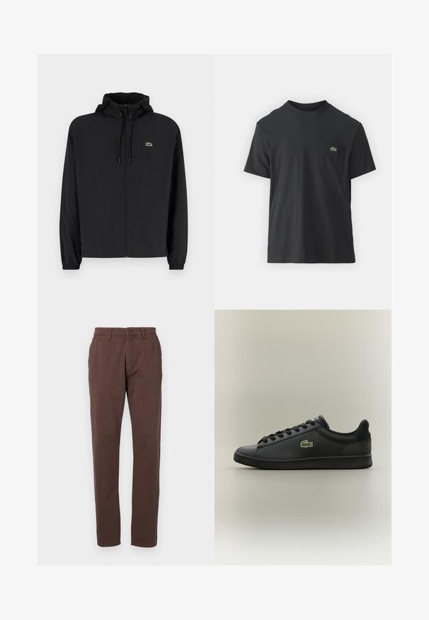 Jachetă neagră cu fermoar și glugă, fabricată din material ușor. Are manșete elastice și un mic logo verde pe pieptul stâng.; Tricou din bumbac negru, cu mâneci scurte, decolteu rotund și un mic logo verde pe buzunarul stâng al pieptului. Design simplu, fit normal.; Chino de bumbac maro cu un design cu picior drept, prezentând o închidere cu buton în față și buzunare laterale. Textură netedă cu o croială clasică.; Sneaker din piele neagră, cu talpă joasă și șireturi negre, având un logo de crocodil verde pe lateral, plasat pe un fundal neutru simplu.