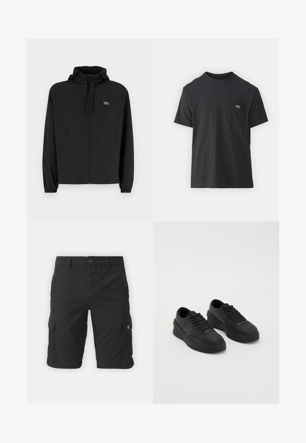 Musta vetoketjullinen takki, jossa on huppu, valmistettu kevyestä materiaalista. Ominaisuuksiin kuuluu joustavat hihansuut ja pieni vihreä logo vasemmassa rinnassa.; Mustat puuvillapaidat, joissa on lyhyet hihat, pyöreä pääntie ja pieni vihreä logo vasemmassa rintataskussa. Yksinkertainen muotoilu, normaali istuvuus.; Mustat cargo-shortsit, jotka on valmistettu puuvillasekoitteesta, sisältävät sivutaskuja, napin kiinnityksen ja pienen keltaisen logon vasemmassa taskussa.; Mustat lenkkarit, jotka on valmistettu sileästä nahasta ja joissa on pehmeä pohja. Ominaisuuksiin kuuluvat tasaiset nauhat, rei'itykset varpaassa ja huoliteltu siluetti.