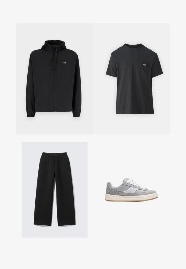 Sort zip-jakke med hætte, lavet af letvægtsmateriale. Har elastiske manchetter og et lille grønt logo på venstre bryst.; Sort bomulds t-shirt med korte ærmer, rund halsudskæring og et lille grønt logo på venstre brystlomme. Enkel design, normal pasform.; Svarte vide sweatpants med elastisk talje og snøre, med to lodrette lynlåslommer foran.; Grå ruskinds sneakers med en hvid gummisål, hvide snørebånd og en subtil grå accent på siden, med en glat tekstur og klassisk design.