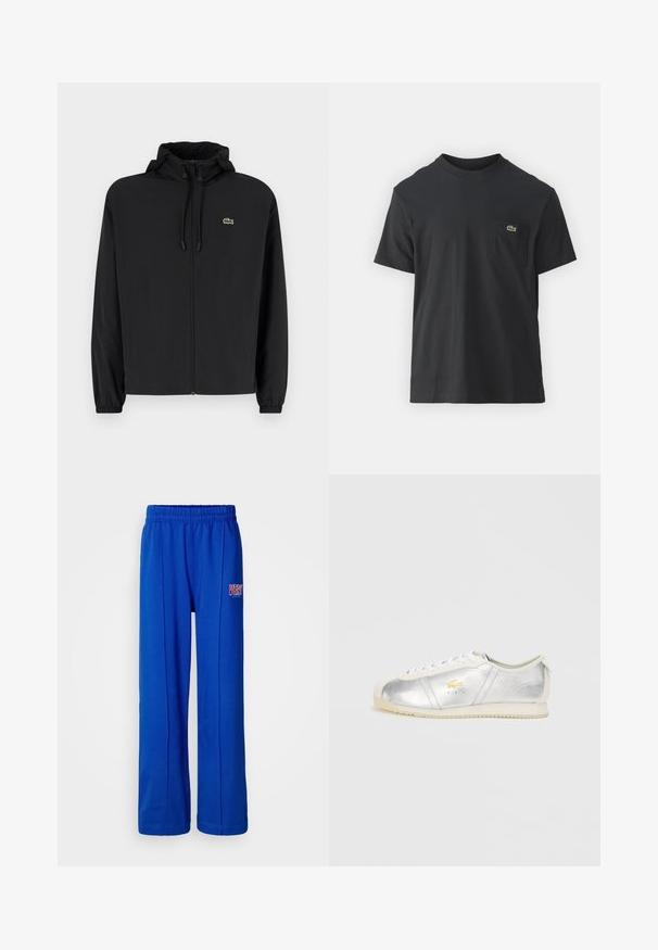 Svart zip-up jakke med hette, laget av lett materiale. Har elastiske mansjetter og en liten grønn logo på venstre bryst.; Svart bomull t-skjorte med korte ermer, rund hals og en liten grønn logo på venstre brystlomme. Enkelt design, normal passform.; Lys blåtte elastiske sweatpants med rette ben og en liten rød og hvit "VERY" logo på høyre lår.; Sølv lærersneaker med hvite snørebånd, kremfarget gummisåle og detaljer i gulllogo. Slank design med rund tå og teksturerte sidestykker.