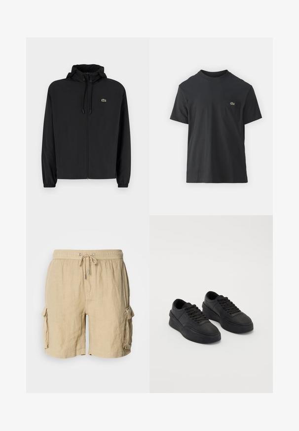 Zwarte zip-up jas met een capuchon, gemaakt van lichtgewicht materiaal. Heeft elastische manchetten en een klein groen logo op de linkerborst.; Zwarte katoenen t-shirt met korte mouwen, ronde halslijn en een klein groen logo op de linkerkant van de borstzak. Eenvoudig ontwerp, normale pasvorm.; Beige cargoshorts van een lichtgewicht stof met een elastische tailleband en touwtje. Voorzien van twee zijzakken en een gestructureerde afwerking.; Zwarte sneakers van soepel leer met een gestoffeerde zool. Kenmerken zijn plat veter, perforaties op de teen en een slanke silhouet.