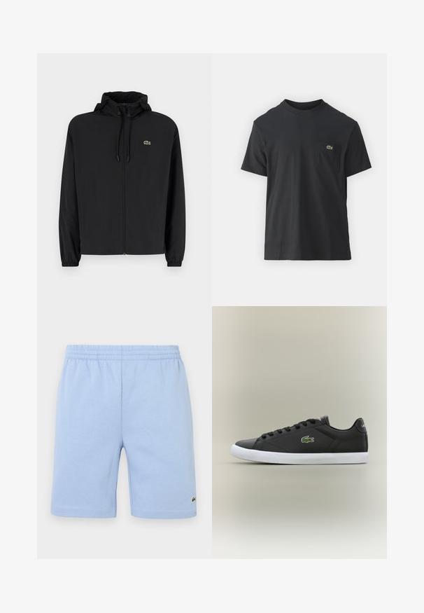 Giacca nera con zip e cappuccio, realizzata in materiale leggero. Caratterizzata da polsini elasticizzati e un piccolo logo verde sul petto sinistro.; T-shirt in cotone nero con maniche corte, scollatura rotonda e un piccolo logo verde sul taschino sinistro. Design semplice, vestibilità regolare.; Shorts in cotone con vita elastica di colore azzurro chiaro e piccolo logo ricamato di coccodrillo verde sulla parte inferiore della gamba destra.; Sneaker nere in pelle con suola in gomma bianca, dotate di logo verde a forma di coccodrillo e lacci rotondi, design elegante con texture liscia.