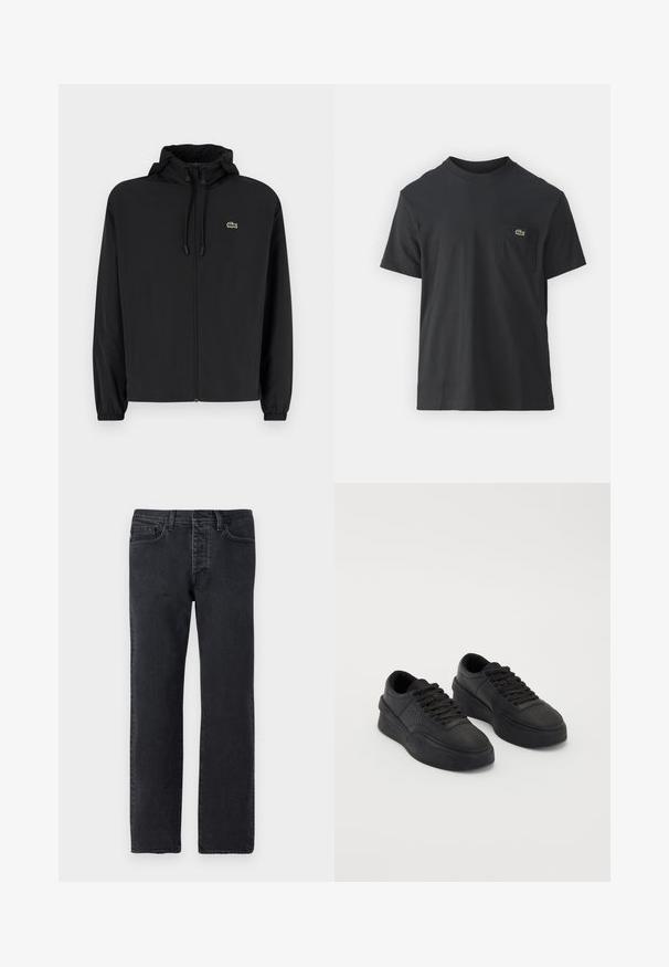 Mustmust jacket, millel näpsuga, kergest materjalist. Omab elastseid mansette ja väikest rohelist logo vasakul rinnal.; Must musta T-särk lühikeste varrukatega, ümmarguse kaelusega ja väikese rohelise logoga vasakus rinnataskus. Lihtne disain, regulaarne lõige.; Mustad denim teksad sirge lõikega, viie taskuga, vöökandjate ja väheste õmblusdetailidega. Valmistatud pehmest, tekstuursetest puuvillast kangast.; Mustad nahast mustad sneekerid, millel on pehme tald. Omadusteks on lapikud paelad, perforatsioonid varvaste piirkonnas ja voolujooneline siluett.