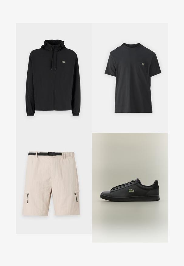 Black zip-up jacket with a hood, made of lightweight material. Features elastic cuffs and a small green logo on the left chest.; Black cotton t-shirt with short sleeves, round neckline, and a small green logo on the left chest pocket. Simple design, regular fit.; Beige cargo shorts with an elastic waistband, adjustable black belt, and side zippered pockets. Made of lightweight fabric with a subtle texture.; Black low-top leather sneaker with black laces featuring a green crocodile logo on the side, set against a plain neutral background.