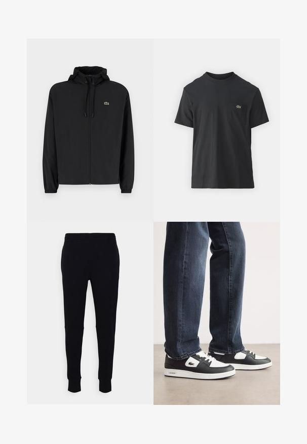 Zwarte zip-up jas met een capuchon, gemaakt van lichtgewicht materiaal. Heeft elastische manchetten en een klein groen logo op de linkerborst.; Zwarte katoenen t-shirt met korte mouwen, ronde halslijn en een klein groen logo op de linkerkant van de borstzak. Eenvoudig ontwerp, normale pasvorm.; Zwarte trainingsbroek van zachte stof, met een taps toelopende pasvorm, elastische tailleband en ribgebreide boorden bij de enkels. Geen zichtbare patronen.; Zwart-witte Lacoste sneakers met een gestructureerde leren bovenkant, voorzien van een vetersluiting en een witte rubberen loopzool. Gecombineerd met een donkere jeans.