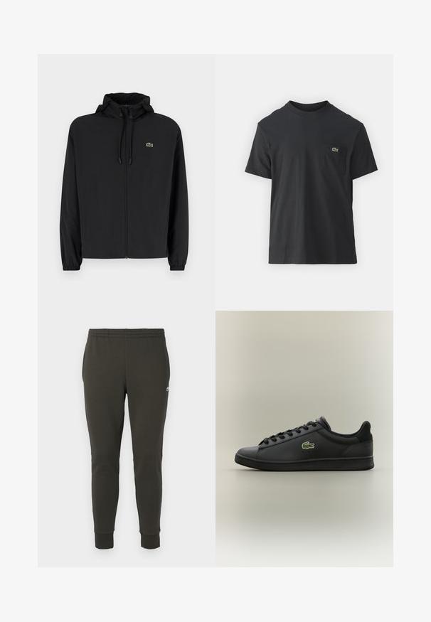 Črna jakna na zadrgo s kapuco, izdelana iz lahkega materiala. Ima elastične manšete in majhen zeleni logotip na levem prsnem delu.; Črna bombažna majica s kratkimi rokavi, okroglo ovratnikom in majhnim zelenim logotipom na levem žepu. Preprost dizajn, redna prileganje.; Temnozeleni trenirke iz mehkega materiala, ki imajo elastičen pas, rebraste manšete in majhen logotip na strani.; Črn nizki usnjeni tekač s črnimi vezalkami, ki ima na strani zeleno krokodilovo ikono, postavljen na enotnem nevtralnem ozadju.