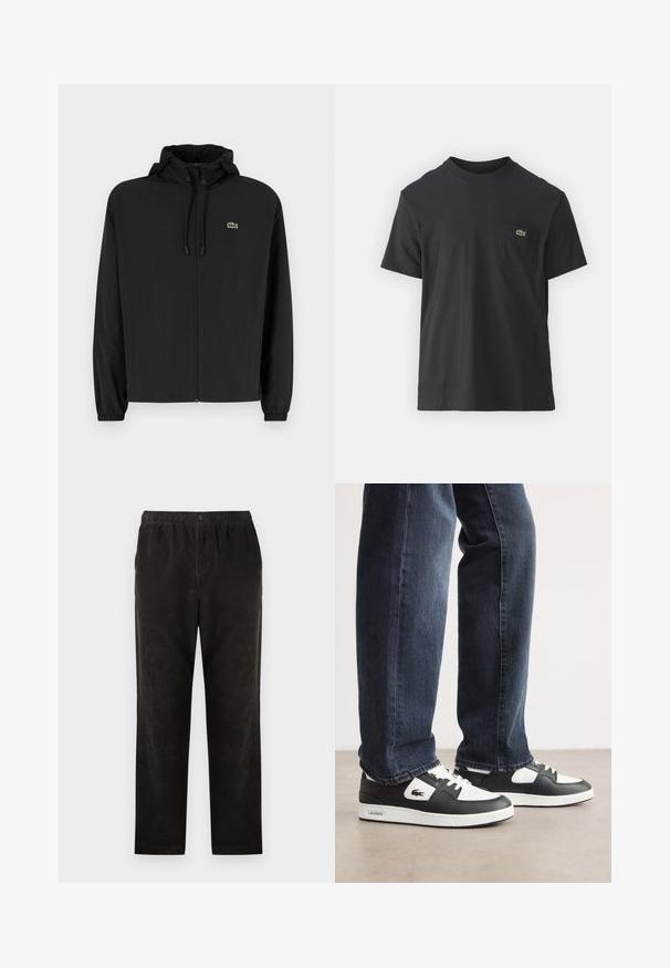 Mustmust jacket, millel näpsuga, kergest materjalist. Omab elastseid mansette ja väikest rohelist logo vasakul rinnal.; Must musta T-särk lühikeste varrukatega, ümmarguse kaelusega ja väikese rohelise logoga vasakus rinnataskus. Lihtne disain, regulaarne lõige.; Mustad puuvillased triibulised püksid sirge jalaga, millel on elastne vöökoht ja üks nupp sulgemiseks. Sile tekstuur, minimaalne disain.; Mustad ja valged Lacoste'i tossud, millel on tekstuurne nahkpeal, lukuga disain ja valge kummist tall. Kombineeritud tumedate teksadega.