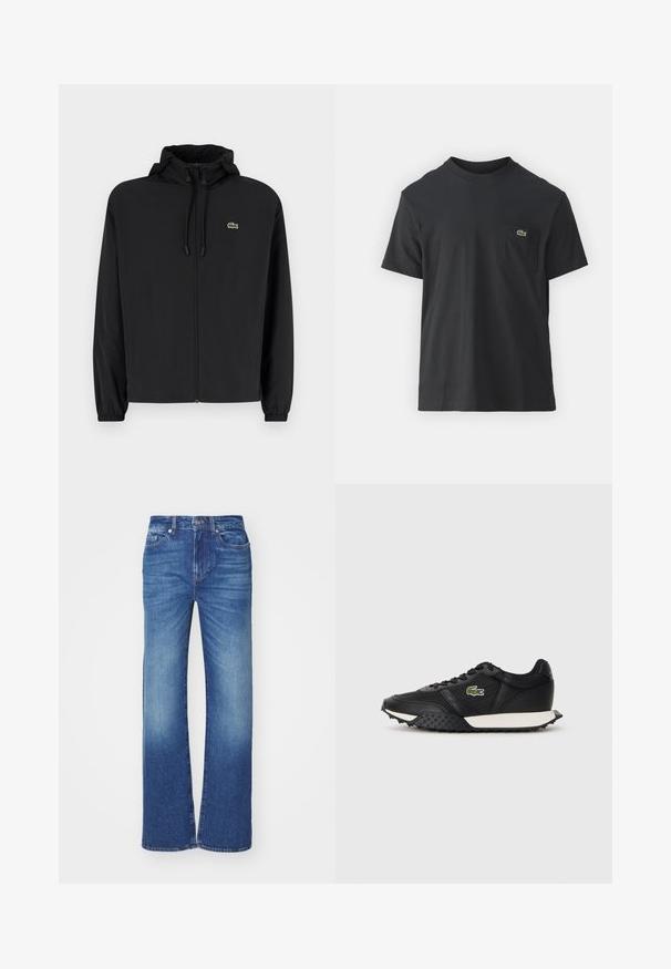 Černá zipová bunda s kapucí, vyrobená z lehkého materiálu. Má elastické manžety a malé zelené logo na levé hrudi.; Černé bavlněné tričko s krátkým rukávem, kulatým výstřihem a malým zeleným logem na levé kapse. Jednoduchý design, klasický střih.; Džínové kalhoty modré barvy s rovnými nohavicemi, s vybledlým vzhledem, pěti kapsami a zapínáním na knoflík a zip v pase.; Černé tenisky s hladkým koženým povrchem, obsahující texturovanou gumovou podrážku, bílou mezipodešev a zelené vyšívané logo na boku.