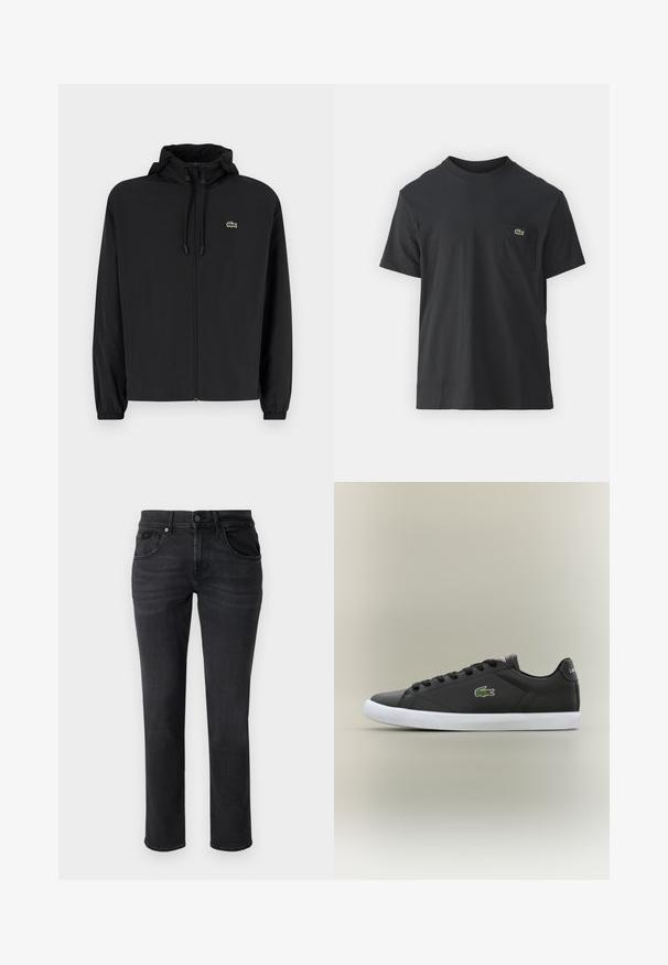 Veste noire à fermeture éclair avec capuche, fabriquée en matériau léger. Présente des poignets élastiques et un petit logo vert sur la poitrine gauche.; T-shirt en coton noir à manches courtes, col rond, avec un petit logo vert sur la poche gauche de la poitrine. Design simple, coupe regular.; Jean en denim noir à coupe droite, doté de poches avant, de passants de ceinture et de détails de faux plis subtils sur le tissu.; Baskets en cuir noir avec semelle en caoutchouc blanche, présentant un logo crocodile vert et des lacets ronds, au design élégant avec une texture lisse.