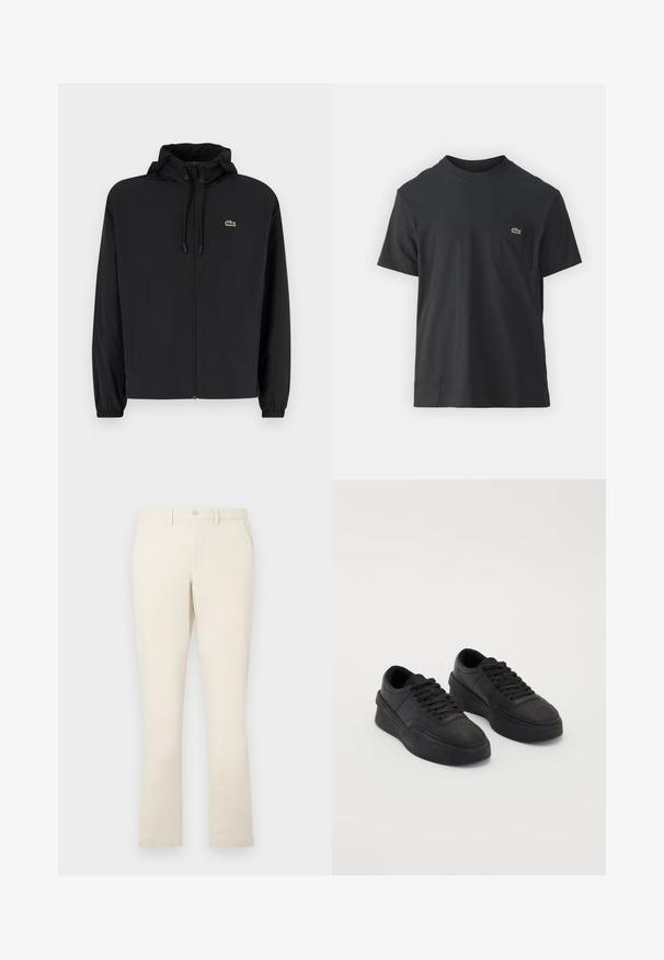 Black zip-up jacket with a hood, made of lightweight material. Features elastic cuffs and a small green logo on the left chest.; Black cotton t-shirt with short sleeves, round neckline, and a small green logo on the left chest pocket. Simple design, regular fit.; Beige cotton chinos with a straight leg design, featuring a button closure and two side pockets. Smooth texture with a clean finish.; Black sneakers made of smooth leather with a cushioned sole. Features include flat laces, perforations on the toe, and a sleek silhouette.