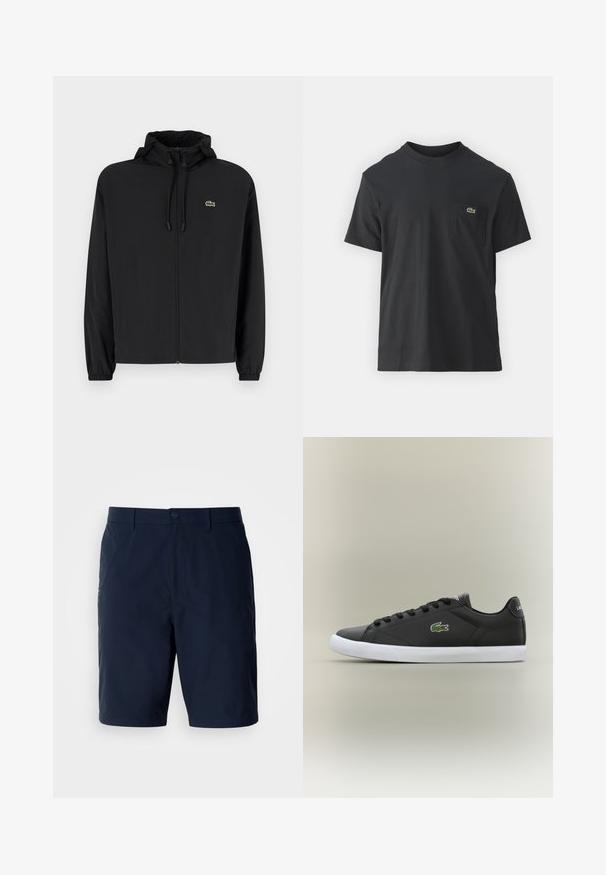 Crna jakna na zip s kapuljačom, izrađena od laganog materijala. Ima elastične manžete i mali zeleni logotip na lijevoj strani prsnog koša.; Crna pamučna majica s kratkim rukavima, okruglim izrezom i malim zelenim logotipom na lijevoj strani džepa. Jednostavan dizajn, regularni kroj.; Tamnoplave kratke hlače od laganog materijala, s klasičnim krojem, stražnjim džepovima i prednjim zatvaranjem na gumb s patentnim zatvaračem.; Crne kožne tenisice s bijelim gumenim potplatom, s zelenim krokodilom kao logotipom i okruglim vezicama, elegantnog dizajna s glatkom teksturom.