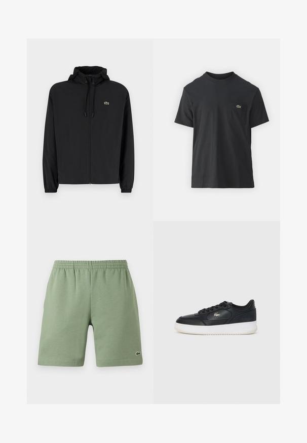 Černá zipová bunda s kapucí, vyrobená z lehkého materiálu. Má elastické manžety a malé zelené logo na levé hrudi.; Černé bavlněné tričko s krátkým rukávem, kulatým výstřihem a malým zeleným logem na levé kapse. Jednoduchý design, klasický střih.; Zelené bavlněné šortky s elastickým pasem, volný střih a malým vyšitým logem na dolní levé straně. Hladká textura, bez kapes.; Černé kožené tenisky s bílou podrážkou, zaoblenou špičkou, šněrováním a jemným logem na boku. Texturovaný svršek.
