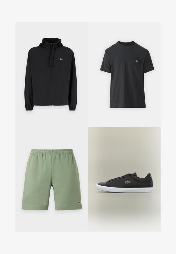Fekete, kapucnis, cipzáras dzseki, könnyű anyagból készült. Rugalmas mandzsettákkal és egy kis zöld logóval rendelkezik a bal mellrészen.; Fekete pamut póló rövid ujjakkal, kerek nyakú, bal oldalon egy kis zöld logóval a zseb fölött. Egyszerű dizájn, normál szabású.; Zöld pamut rövidnadrág, elasztikus derékkal, laza szabással és kis hímzett logóval a bal alsó oldalon. Sima textúra, zsebek nélkül.; Fekete bőr sportcipők fehér gumitalppal, zöld krokodil logóval és kerek fűzőkkel, elegáns dizájn sima felülettel.