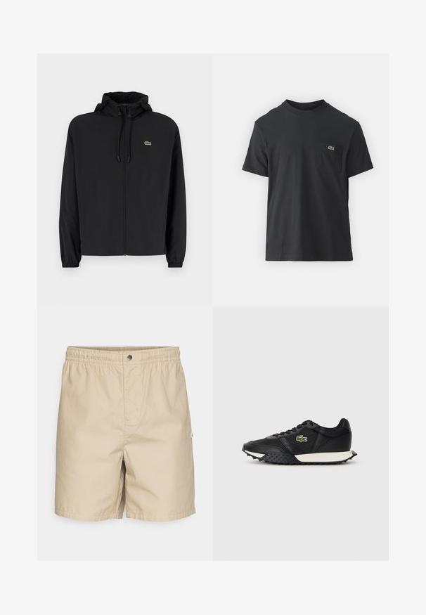 Juodas užtrauktukas striukė su gaubtu, pagaminta iš lengvos medžiagos. Savybės: elastiniai apykaklės ir mažas žalias logotipas kairėje krūtinės pusėje.; Juodas medvilninis marškinėliai trumpomis rankovėmis, apvaliu iškirpimu ir maža žalia logo kairėje krūtinės kišenėje. Paprastas dizainas, reguliaraus pjaustymo.; Šviesiai rudos maudymosi šortai su elastinga juosta, priekyje esančia spaudinimo užsegimu ir šonine logotipo etikete. Pagaminti iš lengvos, glotnios medžiagos su laisvu kirpimu.; Juodi sportbačiai su lygiu odiniu paviršiumi, turintys tekstūruotą gumos padu, baltą tarprūšį ir žalią siuvinėtą logotipą šone.