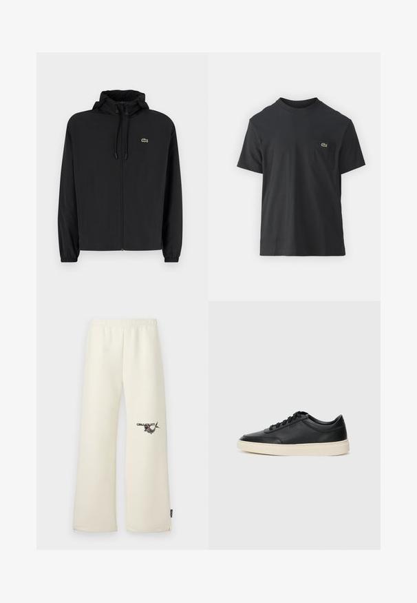 Zwarte zip-up jas met een capuchon, gemaakt van lichtgewicht materiaal. Heeft elastische manchetten en een klein groen logo op de linkerborst.; Zwarte katoenen t-shirt met korte mouwen, ronde halslijn en een klein groen logo op de linkerkant van de borstzak. Eenvoudig ontwerp, normale pasvorm.; Crème-kleurige sweatpants met een losse pasvorm, elastische tailleband en zijzakken. Heeft een bedrukt ontwerp op de linker bovenbeen.; Zwarte leren sneaker met lage schacht, zwarte veters en off-white zool, weergegeven in zijprofiel op een witte achtergrond.