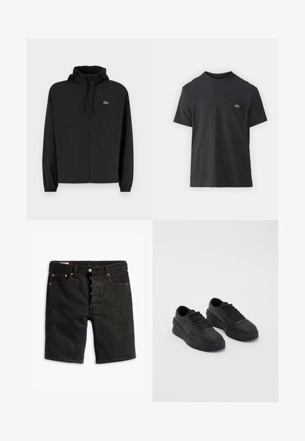 Casaco preto com fecho éclair e capuz, feito de material leve. Apresenta punhos elásticos e um pequeno logotipo verde no lado esquerdo do peito.; Camiseta de algodão preta com mangas curtas, decote redondo e um pequeno logo verde no bolso do peito esquerdo. Design simples, corte regular.; Levi's® ORIGINAL - Calções de ganga - black; Sapatilhas pretas feitas de couro liso com sola acolchoada. As características incluem atacadores planos, perfurações na biqueira e um silhueta elegante.